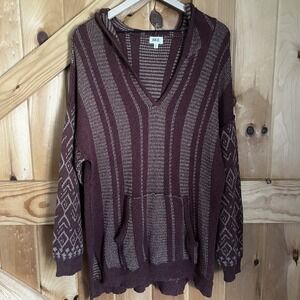 BKE Root Beer Jacquard Hooded Pullover Womens Large Sweater Oversized Open Weave